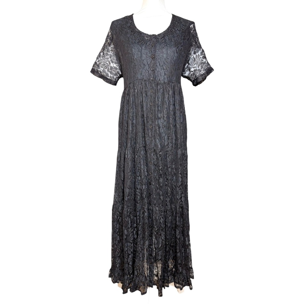 American Angel 90s Black Lace Maxi Dress M /L Whimsigoth Goth Button Front